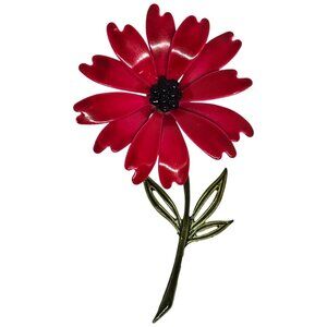 Vintage J.J. Red Enamel Flower Brooch Gold Tone Stem Floral Pin